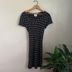 Vintage Max Studio Black Floral Pattern Mini Short Sleeve Dress